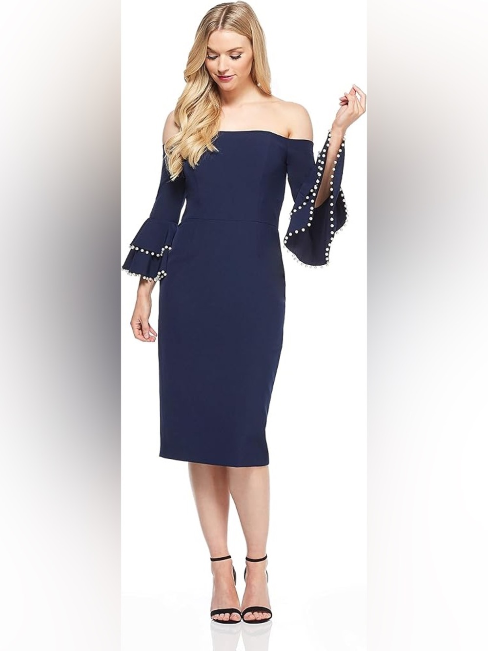 Navy nwot size 8 maggy London Pearl-Trim Midi Dress with Ruffle Bell Sleeves